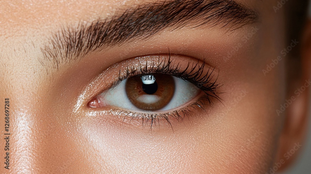 Close-up of a woman's brown eye featuring well-groomed eyelashes and subtle highlights in natural light during daytime Close-up of a woman's brown eye featuring well-groomed eyelashes and subtle highlights in natural light during daytime