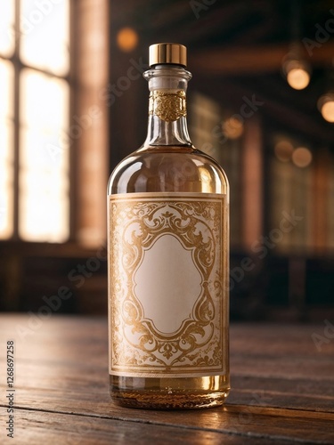 high-quality vintage label mockup with gold foil on glass bottle