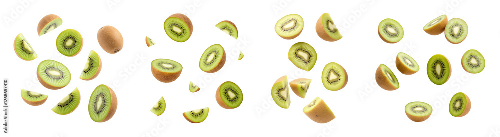 Fototapeta premium Fresh kiwi slices flying in air, showcasing vibrant green color and texture