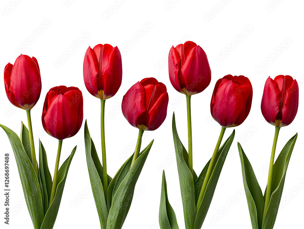 A collection of red tulips with bright green stems, isolated on a transparent background, PNG file. A collection of red tulips with bright green stems, isolated on a transparent background, PNG file.