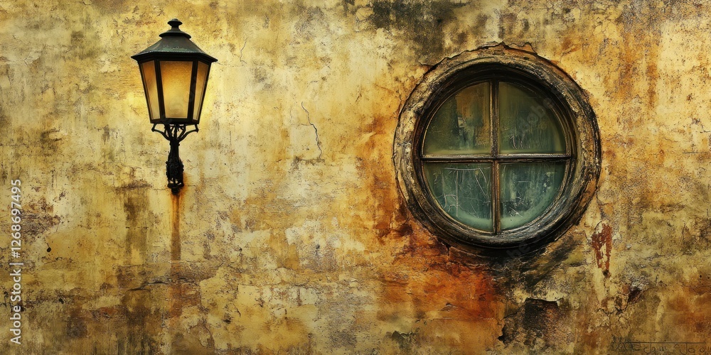 Antique Wall Lamp and Round Window on Weathered Yellow Wall Antique Wall Lamp and Round Window on Weathered Yellow Wall