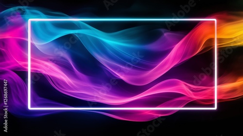 Vibrant holographic waves flow within a bold white frame. Surreal gradients and contemporary design. AI generated