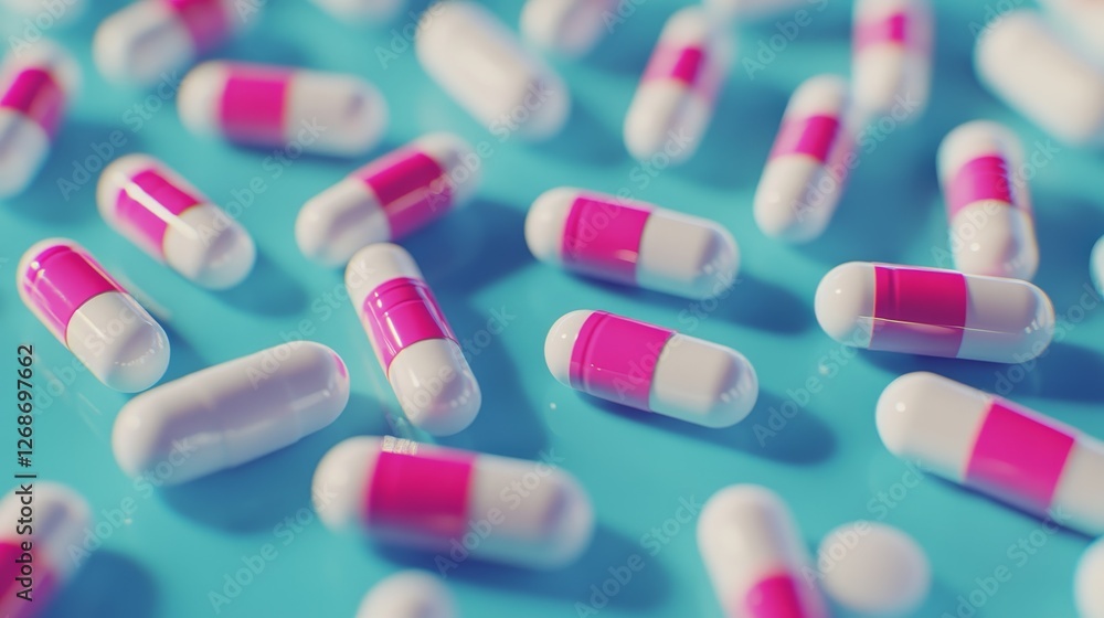 Close-up view of white capsules featuring pink accents, highlighting pharmaceutical design and color contrast for product identification. Close-up view of white capsules featuring pink accents, highlighting pharmaceutical design and color contrast for product identification.