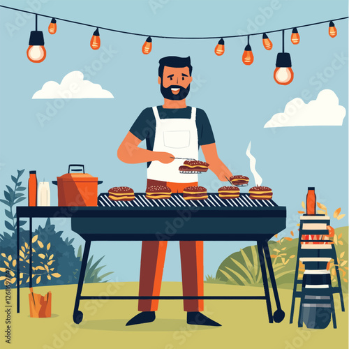 A flat 2D vector of a man grilling burgers at a backyard barbecue