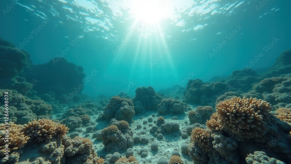 Naklejka premium Underwater view of bleached coral skeletons on the ocean floor with sunlight rays above 