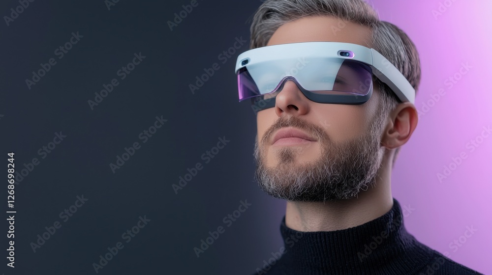 Innovative technology showcased as a man wears advanced augmented reality glasses in a sleek studio setting Innovative technology showcased as a man wears advanced augmented reality glasses in a sleek studio setting