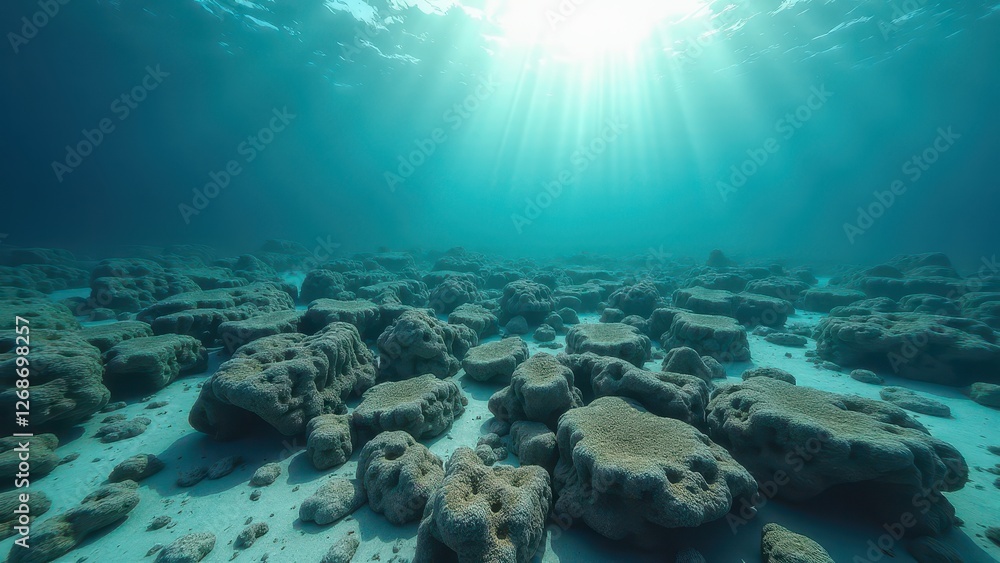 Fototapeta premium Underwater view of bleached coral skeletons on the ocean floor with sunlight rays above 