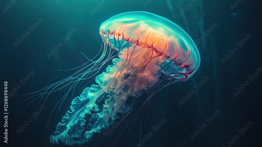 A photograph of a graceful, bioluminescent jellyfish with broad, flowing tentacles A photograph of a graceful, bioluminescent jellyfish with broad, flowing tentacles