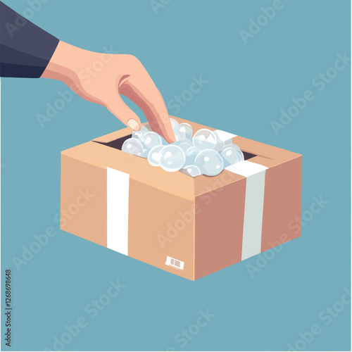 A vector of a hand unboxing a package with bubble wrap and tape