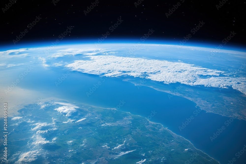 Fototapeta premium View of the Earth from space highlighting coastlines, clouds, and blue ocean during daylight hours. Generative AI