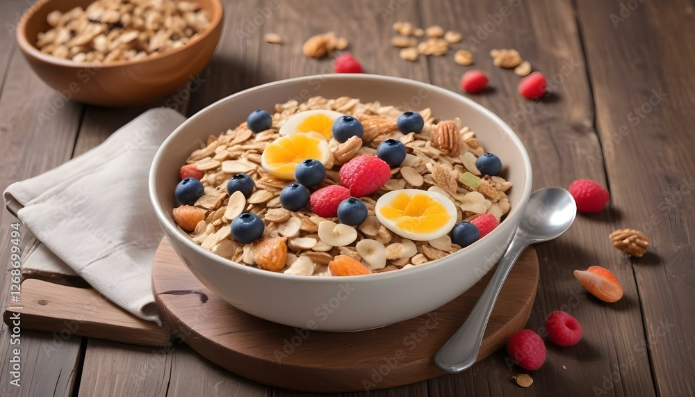 muesli breakfast on a wooden table muesli breakfast on a wooden table