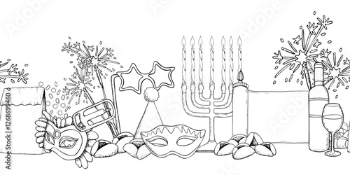 Line Purim symbols horizontal seamless border black and white vector illustration. Israel holiday menorah with candles, Torah scroll, mask, raashan, cookies and wine banner for carnival celebration