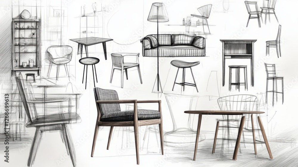 Black & White Furniture Sketches: Chairs & Tables in a Collage Black & White Furniture Sketches: Chairs & Tables in a Collage