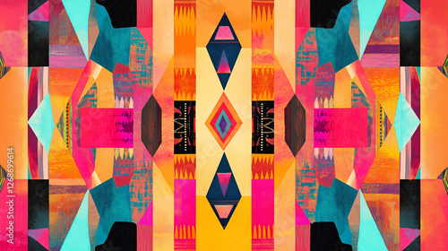 Bright and colorful abstract composition of vertical geometric patterns resembling traditional tribal African art. Black History Month concept