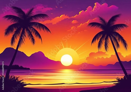 tropical sunset with palm trees Vector illustration of a sunset with palm trees on the beach, a colorful background, vector art, flat design, detailed, digital art, with orange and purple colors