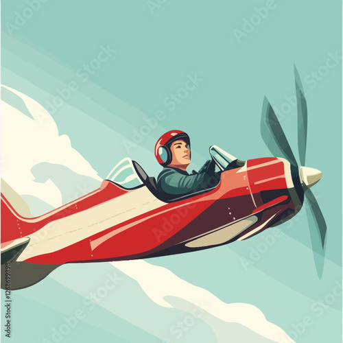 A flat 2D vector of a pilot flying a plane in the sky