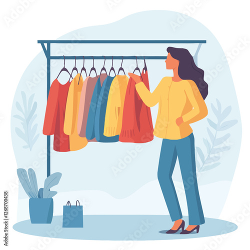 A flat 2D vector of a woman shopping for clothes in a boutique