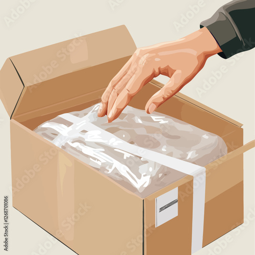 A vector of a hand unboxing a package with bubble wrap and tape