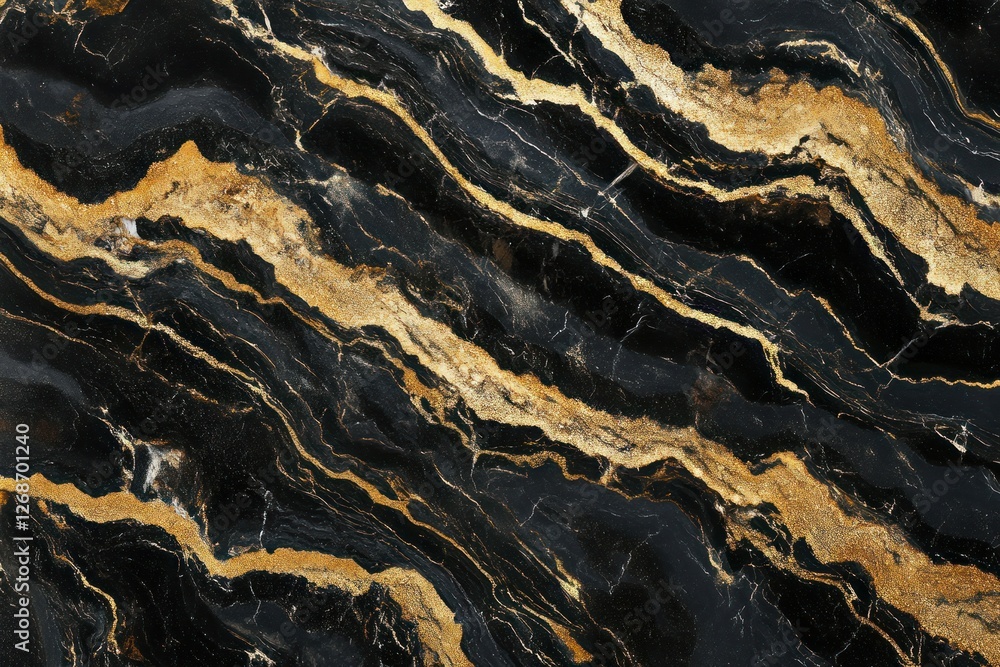 A swirling mixture of black and gold resembling natural marble, with a glossy finish. A swirling mixture of black and gold resembling natural marble, with a glossy finish.