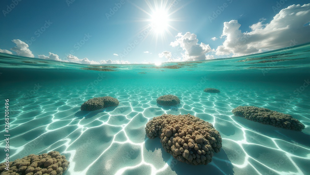 Fototapeta premium Split view of coral reef underwater and ocean surface with sunlight reflecting above 