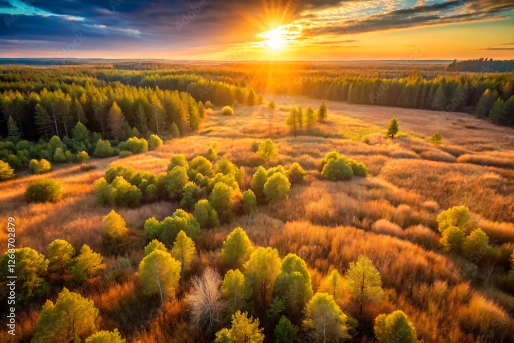 Naklejka premium Sunset over the trees, the view provides a detailed view of a large patch of wild grass.
