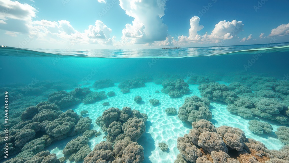 Bleached coral reef in clear tropical ocean water with sunlight reflecting on surface Bleached coral reef in clear tropical ocean water with sunlight reflecting on surface