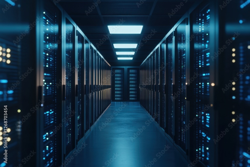 Server Room: Rows of illuminated data storage racks in a secure, climate-controlled facility Server Room: Rows of illuminated data storage racks in a secure, climate-controlled facility