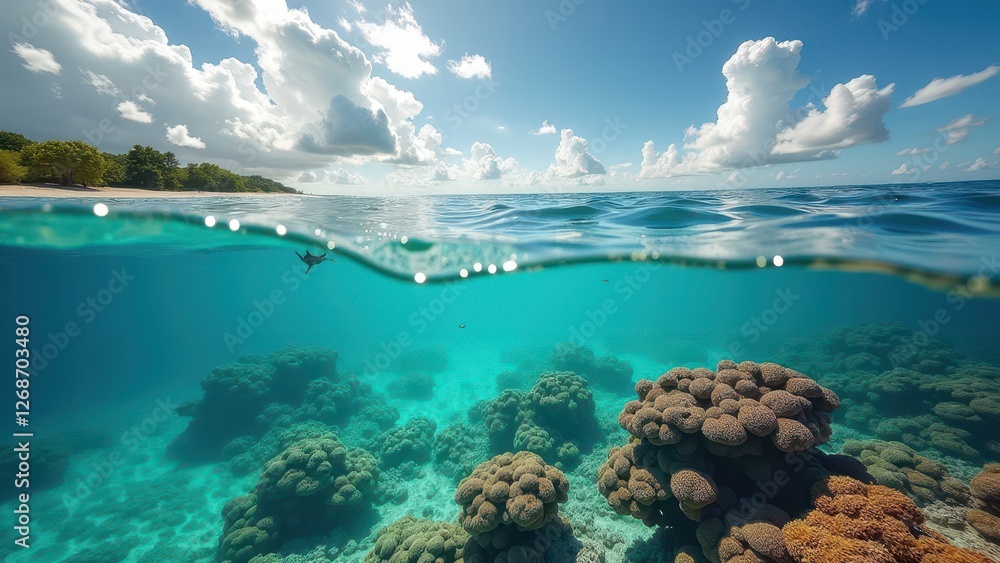Split view of coral reef underwater and tropical island above clear turquoise water Split view of coral reef underwater and tropical island above clear turquoise water