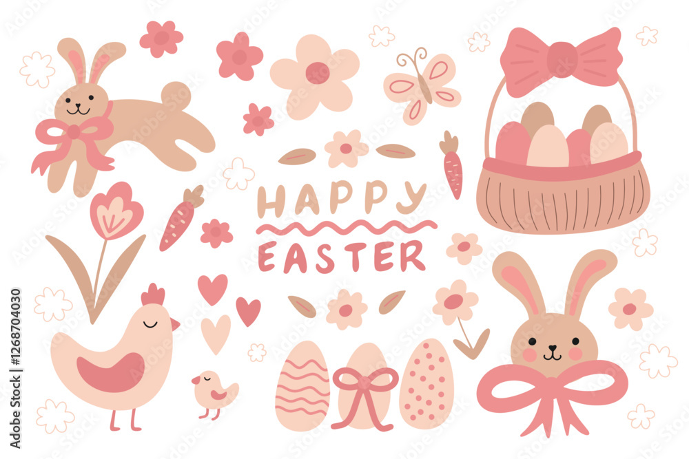 Happy Easter - vector set of simple hand drawn spring elements - cute bunny with ribbon bow, eggs, hen and chick, flowers doodles. Pink color palette. Happy Easter - vector set of simple hand drawn spring elements - cute bunny with ribbon bow, eggs, hen and chick, flowers doodles. Pink color palette.