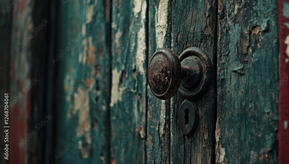 Rusty Door Knob on Weathered Teal Wooden Door Rusty Door Knob on Weathered Teal Wooden Door