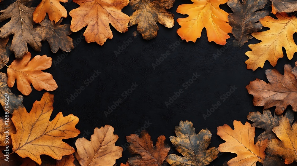 Autumn Oak Leaves Frame on Dark Background Autumn Oak Leaves Frame on Dark Background