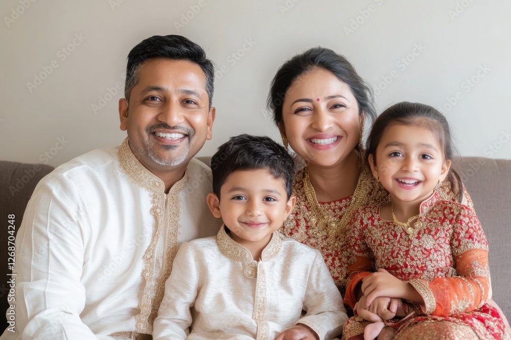 A smiling family of four in traditional clothing pose indoors, radiating happiness and warmth A smiling family of four in traditional clothing pose indoors, radiating happiness and warmth