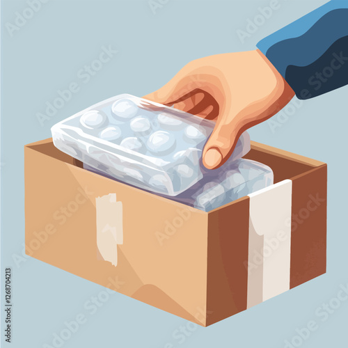A vector of a hand unboxing a package with bubble wrap and tape
