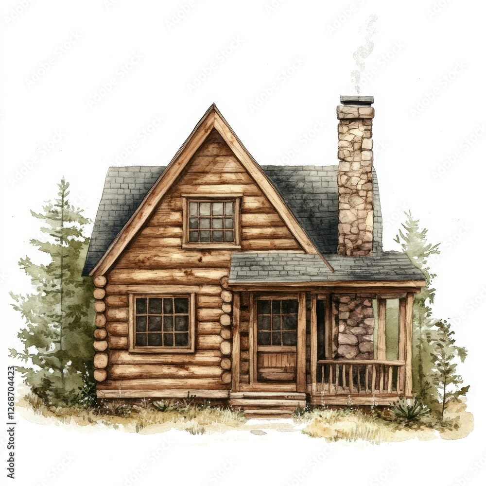 Cozy cabin illustration, charming architectural element, watercolor style, inviting atmosphere, warm colors, perfect for rustic themes Cozy cabin illustration, charming architectural element, watercolor style, inviting atmosphere, warm colors, perfect for rustic themes