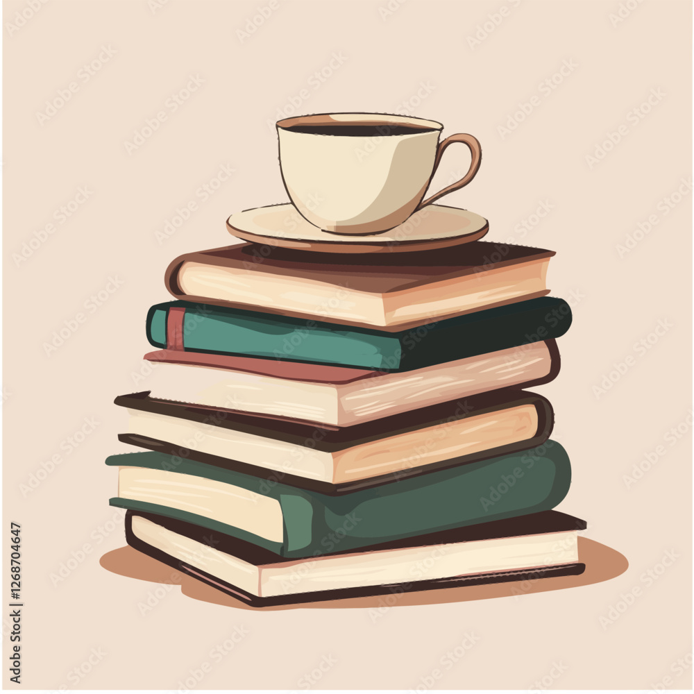 Neatly stacked books with a steaming coffee cup on top, cozy setting. Neatly stacked books with a steaming coffee cup on top, cozy setting.