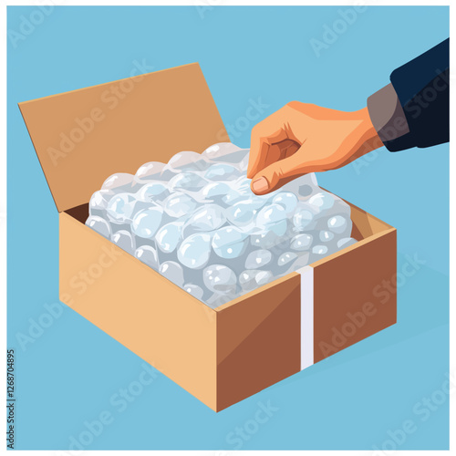 A vector of a hand unboxing a package with bubble wrap and tape