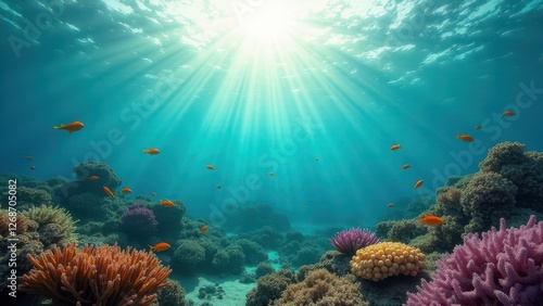 Wallpaper Mural Underwater view of a colorful coral reef with fish swimming and sunlight rays above	 Torontodigital.ca