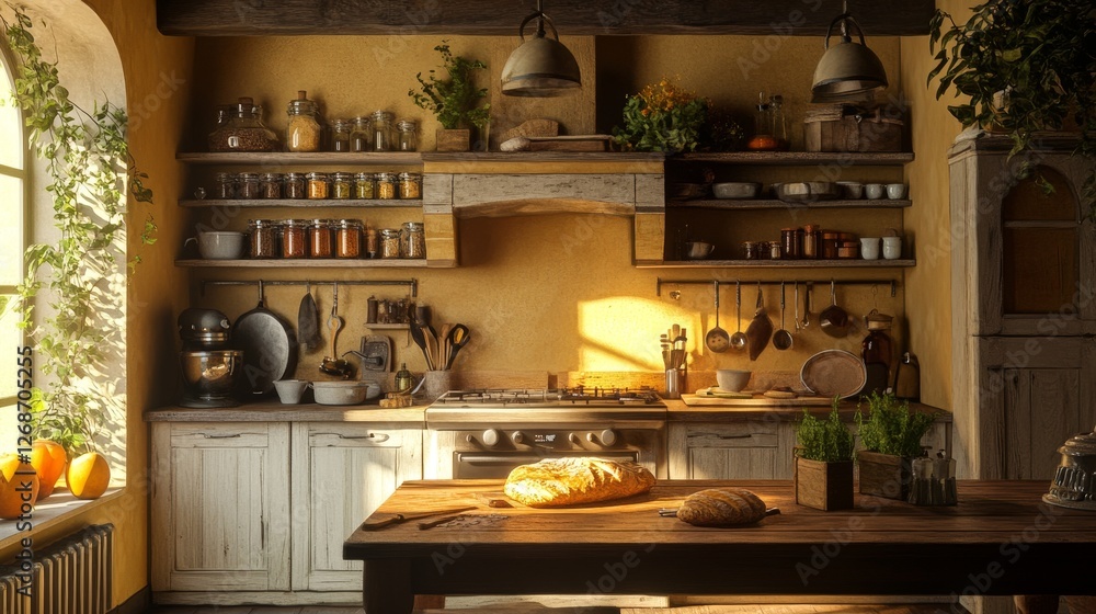 Cozy rustic kitchen with wooden shelves, filled with charming decor, warm ambiance, inviting atmosphere, perfect for gatherings and culinary delights Cozy rustic kitchen with wooden shelves, filled with charming decor, warm ambiance, inviting atmosphere, perfect for gatherings and culinary delights
