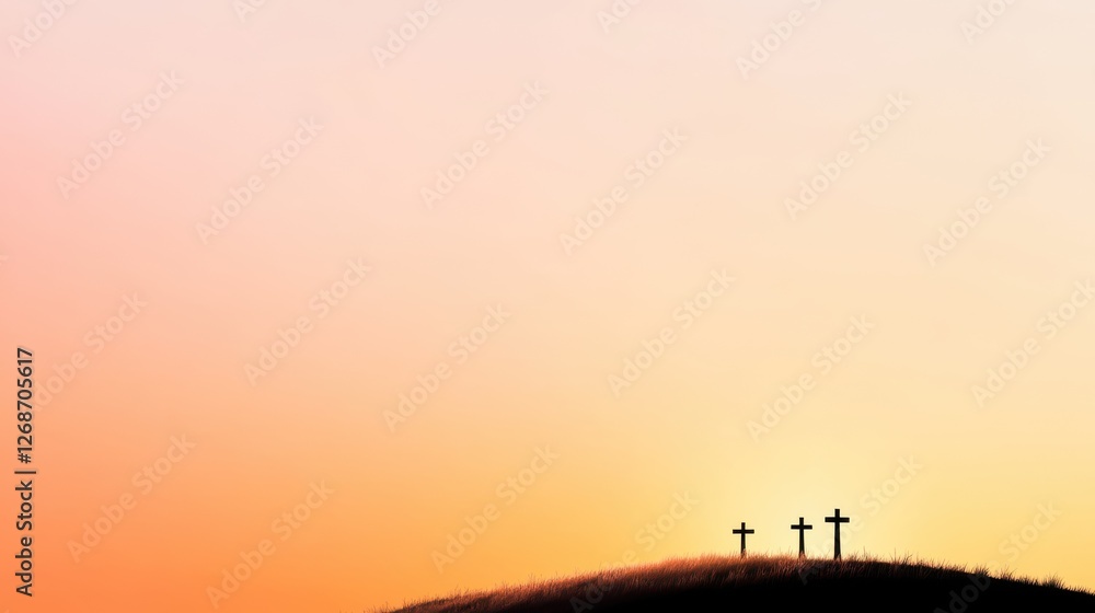 religious silhouette art, postcard design features sunset hill with three cross silhouettes gradient sky ideal blank space for upper text religious silhouette art, postcard design features sunset hill with three cross silhouettes gradient sky ideal blank space for upper text