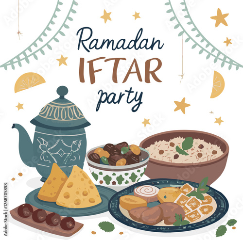 Ramadan Iftar Food Illustration. Festive Iftar Meal with Traditional Delicacies – Vector Illustration