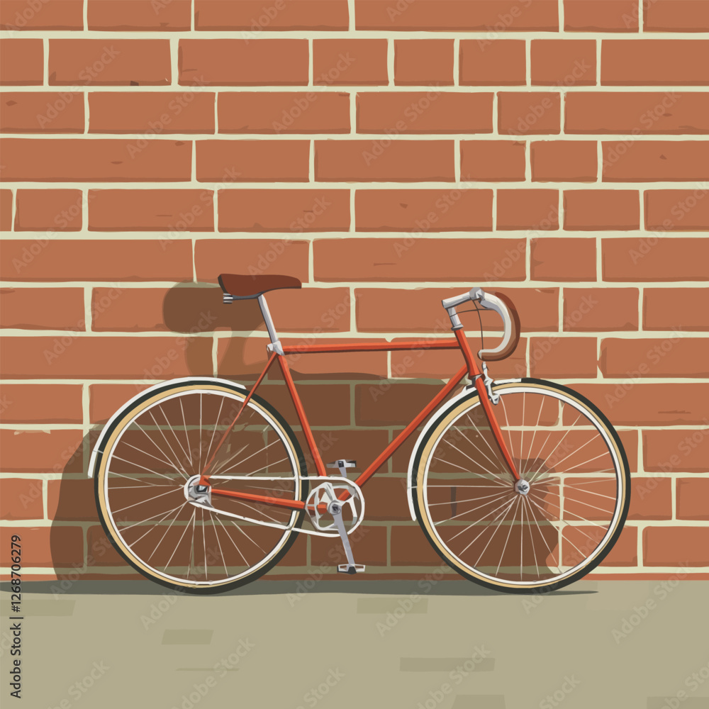 A simple bicycle resting against a textured brick wall, urban scene.