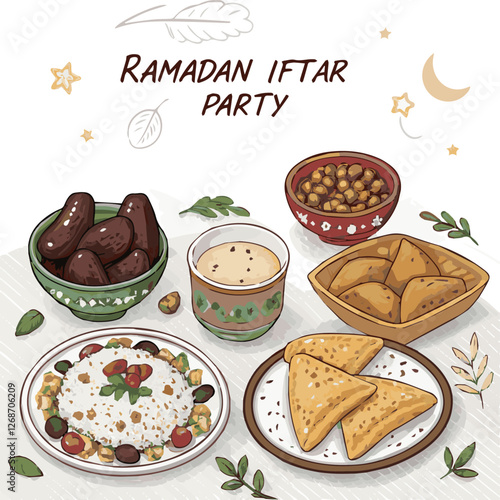  Ramadan Iftar Food Illustration. Festive Iftar Meal with Traditional Delicacies – Vector Illustration