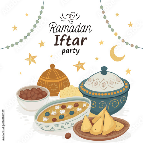  Ramadan Iftar Food Illustration. Festive Iftar Meal with Traditional Delicacies – Vector Illustration