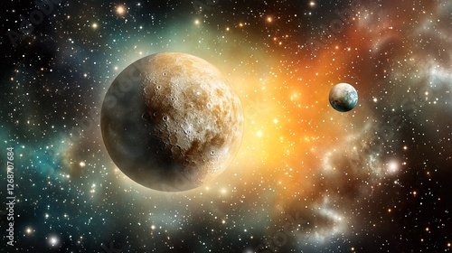 Moon amidst stars and planets, a tranquil celestial alignment in the night sky.