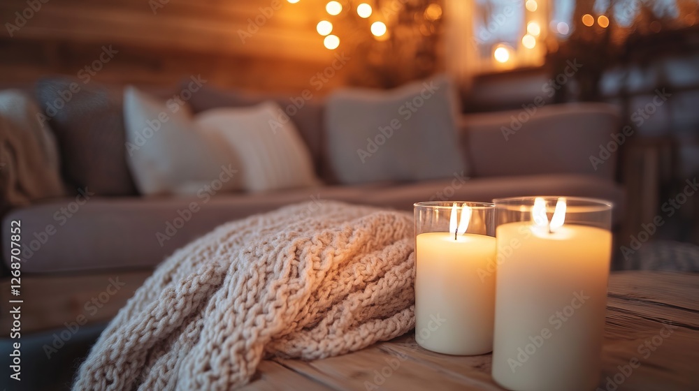 Warm Cozy Atmosphere with Two Flickering Candles on a Soft Blanket Spread Across a Wooden Table Creating an Inviting and Relaxing Environment Perfect for Evening Gatherings and Tranquil Moments Warm Cozy Atmosphere with Two Flickering Candles on a Soft Blanket Spread Across a Wooden Table Creating an Inviting and Relaxing Environment Perfect for Evening Gatherings and Tranquil Moments