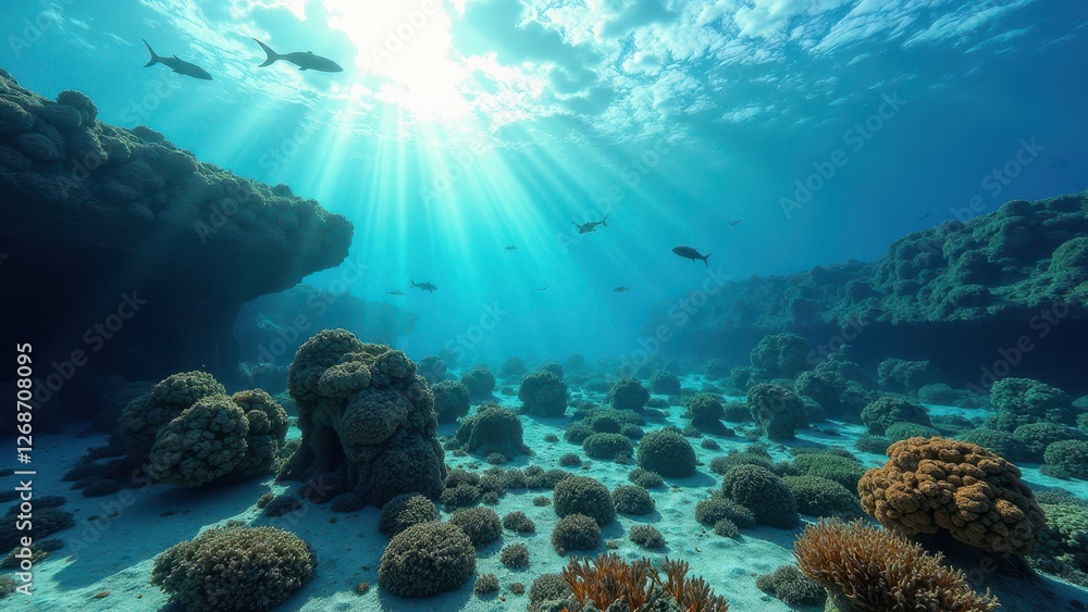 Naklejka premium Underwater view of a vibrant coral reef with sunlight rays filtering through ocean 