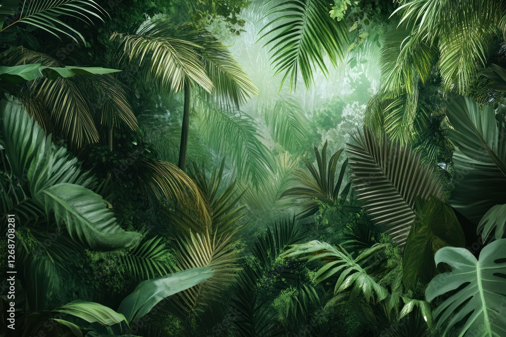A tropical jungle scene where coniferous trees are mingled with palm trees, creating a unique ecosystem. 