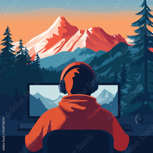 A vector of a person video conferencing with a virtual mountain backdrop