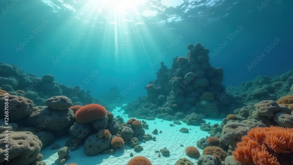Underwater view of a vibrant coral reef with sunlight rays filtering through ocean Underwater view of a vibrant coral reef with sunlight rays filtering through ocean