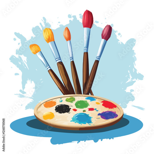A set of paintbrushes and a vibrant palette of mixed colors.